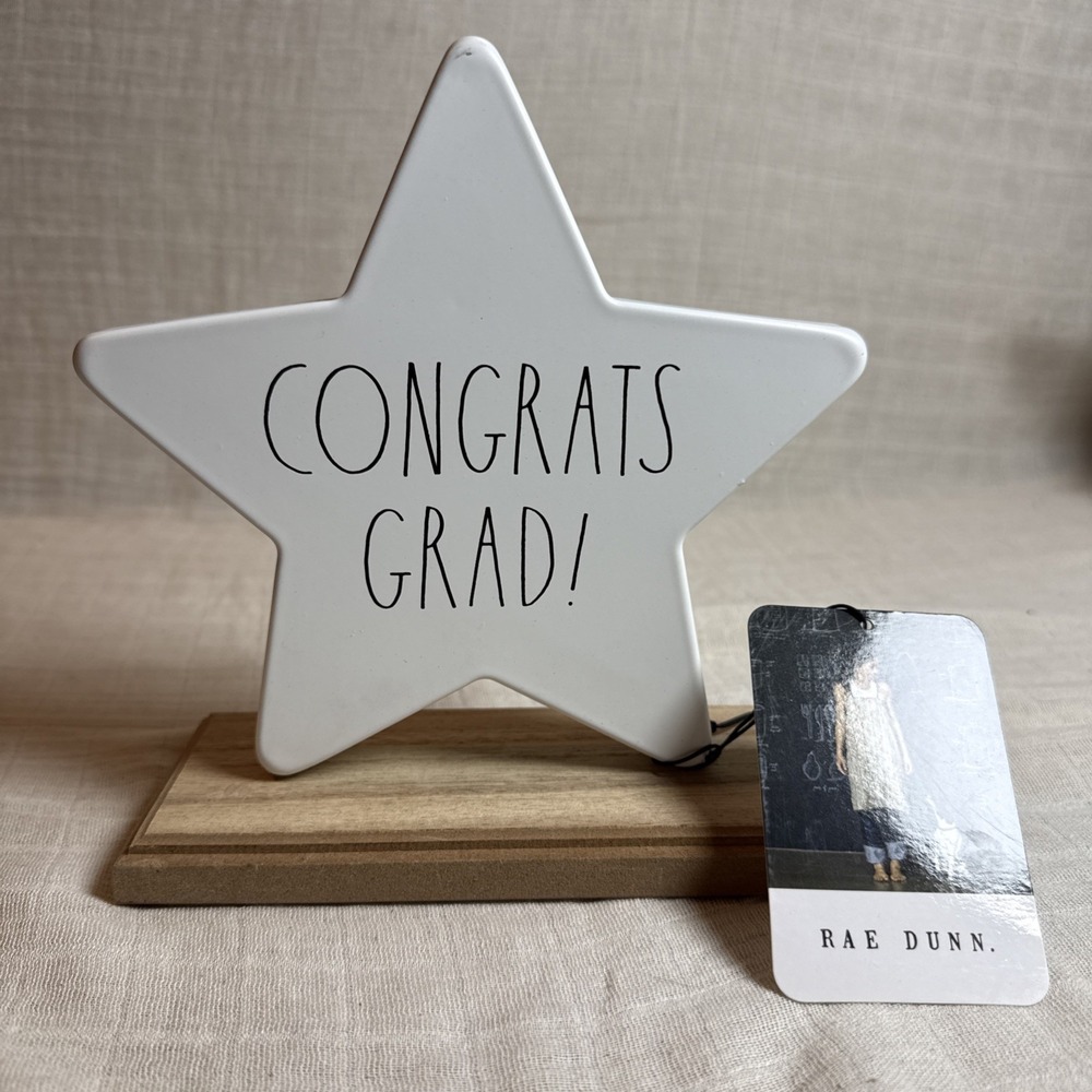 Rae Dunn Congrats Grad Star Desktop Plaque Graduation Decor 7 inch White Wood
